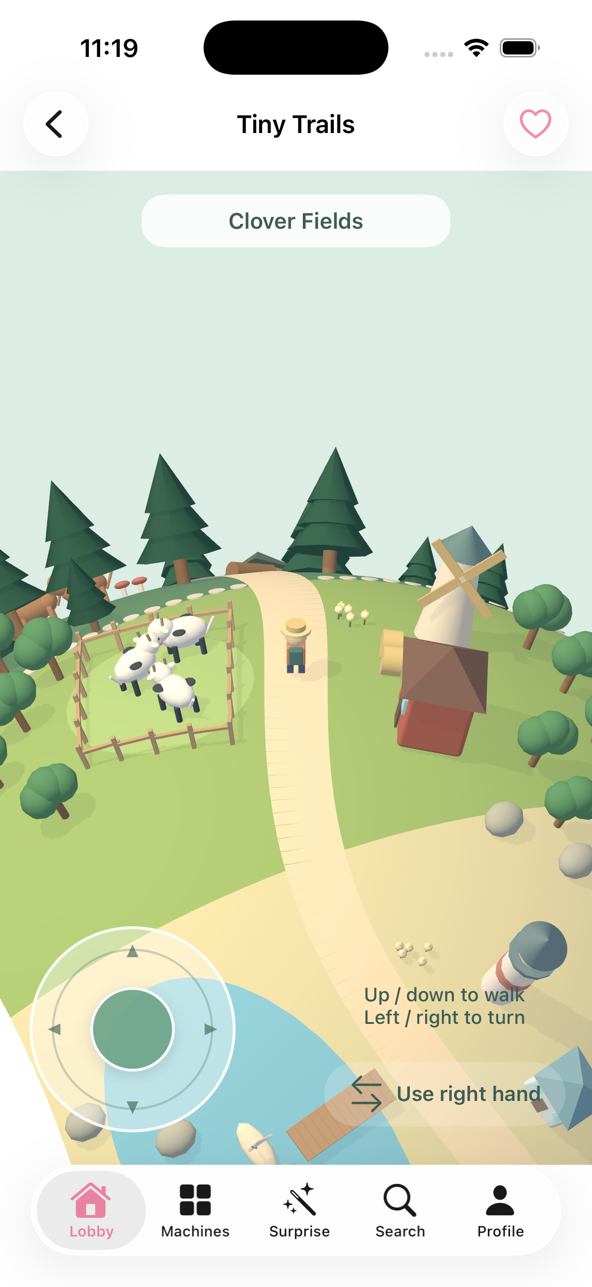 Tiny Trails gameplay: a walker on a curved little planet with cows, a windmill and a thumb pad.